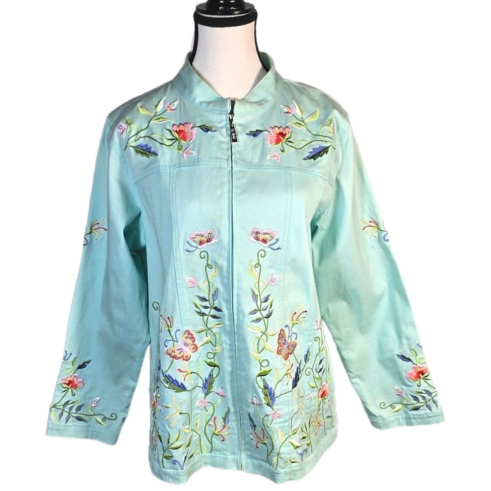 Quacker Factory Jacket Large L Aqua Blue Embroidered Butterfly Floral Beaded Zip